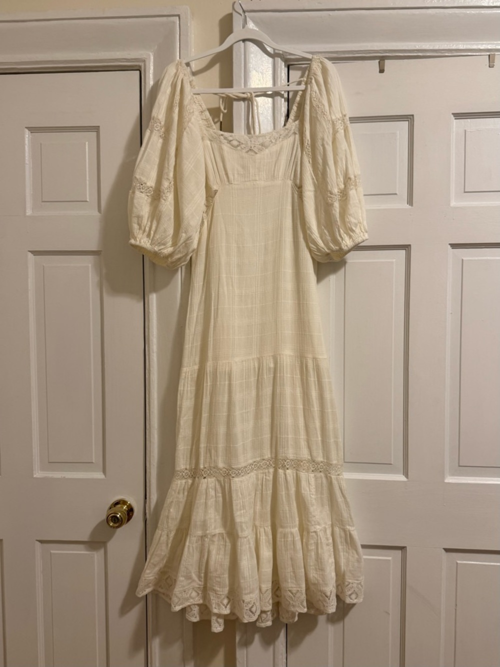 Free People Ivory Lace Tiered Maxi Dress Puff Sleeve Smocked Back S